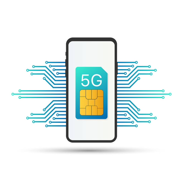 5G-Sim-Karte. Symbol für mobile Telekommunikationstechnologie. Vektorillustration. - Vektor, Bild