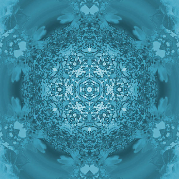 Abstract geometric background. Regular round floral ornament turquoise and blue centered. - 写真・画像