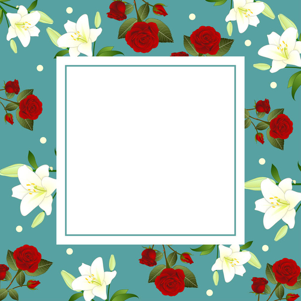 Red Rose e White Lily Flower Christmas Green Teal Banner Card. Illustrazione vettoriale
. - Vettoriali, immagini