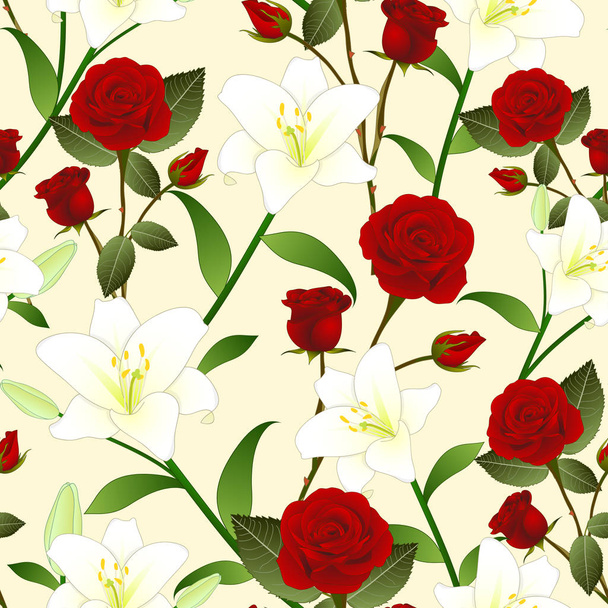 Red Rose and White Lily Flower Seamless Christmas Beige Ivory Background. Vector Illustration. - Vector, Image