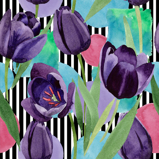 Watercolor black tulips flower. Floral botanical flower. Seamless background pattern. Fabric wallpaper print texture. Aquarelle wildflower for background, texture, wrapper pattern, frame or border. - Photo, Image