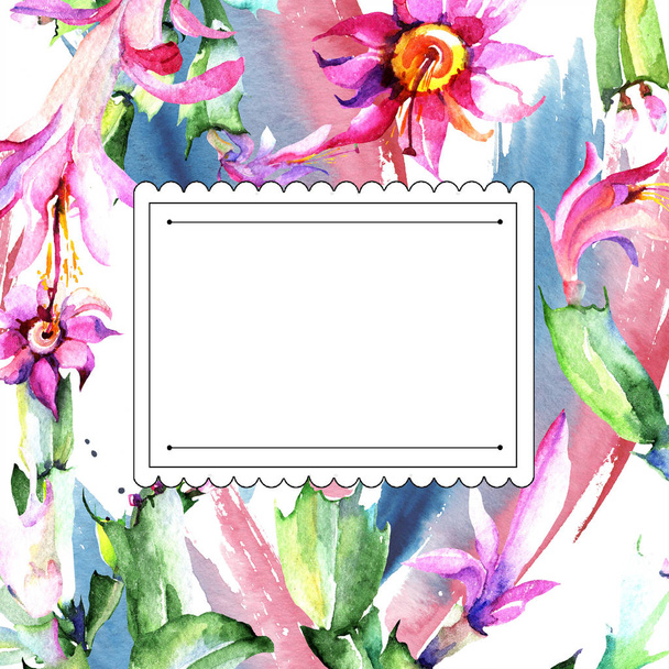 水彩のピンクのサボテンの花。花植物の花。フレーム枠飾りスクエア。背景、テクスチャ、ラッパー パターン、フレームや境界線の aquarelle ワイルドフラワー. - 写真・画像
