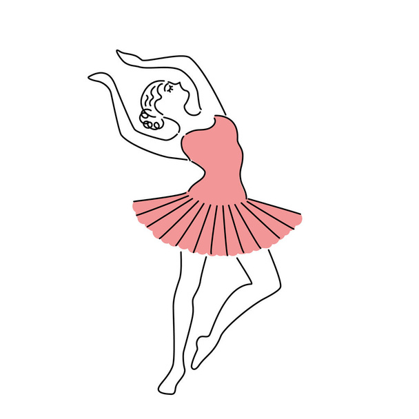 Happy ballerina in pink dress vector illustration. Line drawing. - Vecteur, image