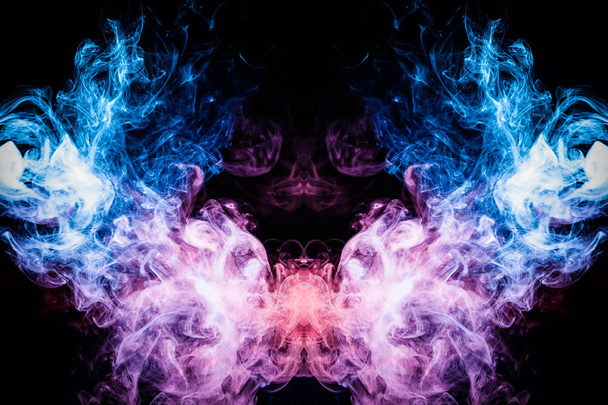 Wolke aus blauem und rosa Rauch in Form eines Totenkopfes, Monsters, Drachen auf schwarzem, isoliertem Hintergrund. Hintergrund aus dem Rauch des Dampfes. mocap für coole T-Shirts - Foto, Bild