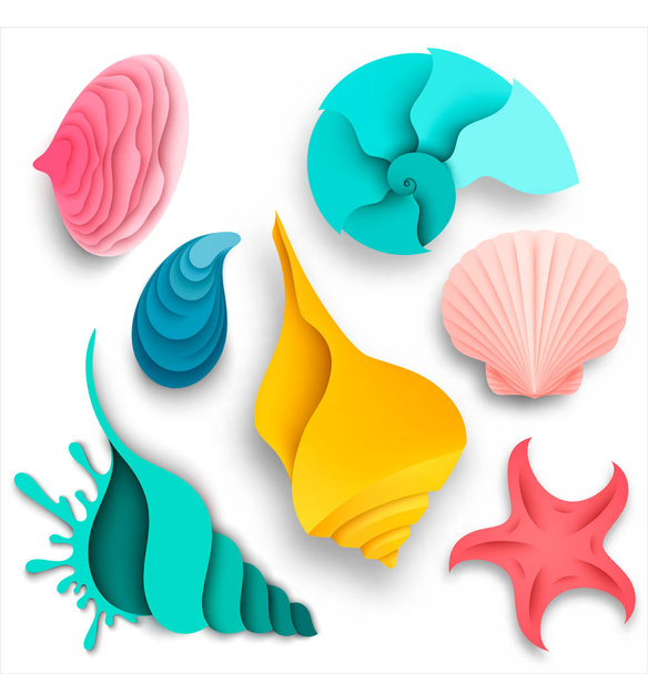 Vector set of sea shells and starfish. Paper art - Vector, Image