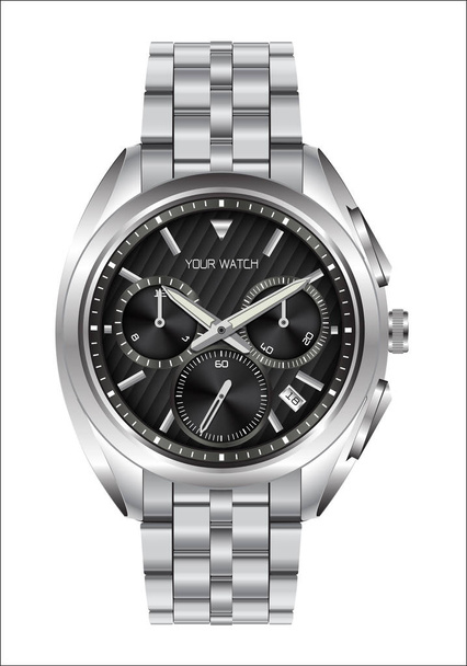 Reális óra watch rozsdamentes acél fekete arc luxus férfi fehér háttér vektor illusztráció. - Vektor, kép