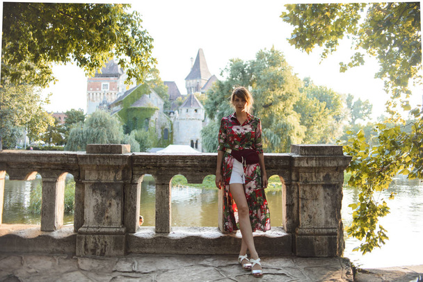 Girl on the background of the castle and the lake - Foto, Bild