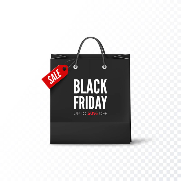 Black Friday. Black paper bag with tag Sale and discount offer. Black friday banner template. Vector illustration isolated on transparent background - Vektör, Görsel
