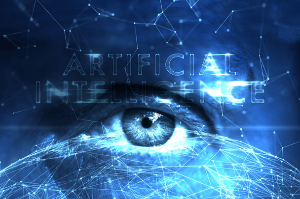 Close up van menselijk oog op futuristische kunstmatige intelligentie cyberspace netwerk achtergrond. - Foto, afbeelding