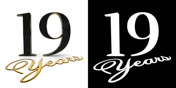 Gouden nummer negentien (nummer 19) en de inscriptie jaren met slagschaduw en alpha-kanaal. 3D illustratie. - Foto, afbeelding