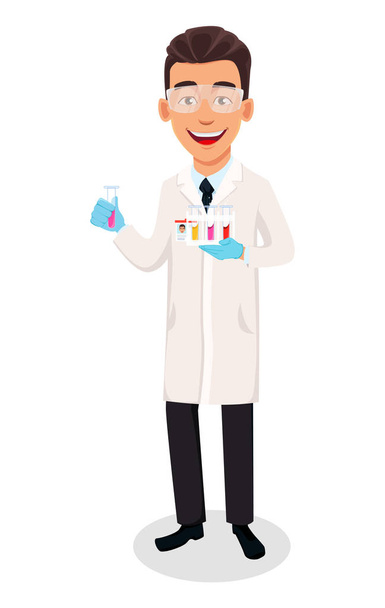 科学者の男。実験用テスト チューブを保持しているハンサムな漫画のキャラクター。白の背景にベクトル画像. - ベクター画像