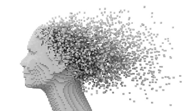 Cabeza pixelada de mujer y píxeles 3D como aislado pelo sobre fondo blanco
 - Foto, imagen