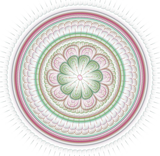 Fraktales Mandala im Hintergrund. Verrückte abstrakte fraktale Formen mit kaleidoskopischem Muster - Foto, Bild