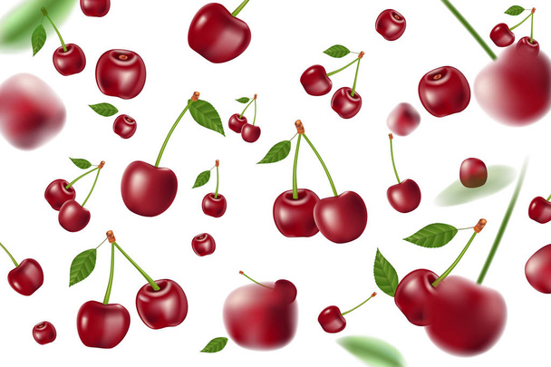 Spadające realistyczne dojrzałych wiśni elementów. Realistyczne red cherry, z tle liści na białym tle. ilustracja wektorowa 3D - Wektor, obraz