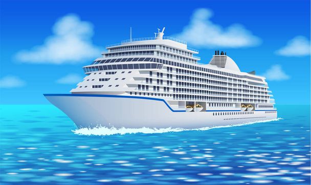 Grote cruise liner, Oceaan, blauwe hemel in vlakke stijl. - Vector, afbeelding