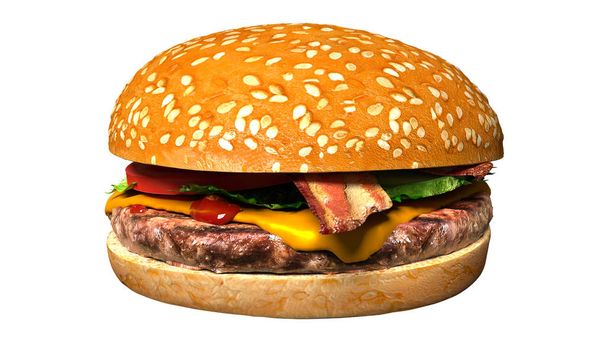 Classic bacon cheese burger isolated over plain background. Hamburger with cheese and bacon, tomato, pickles and lettuce. - Photo, Image