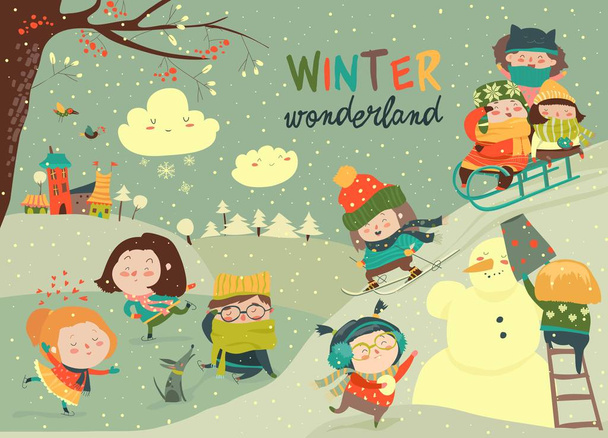 Happy cute kids playing winter games. Hello winter - Vecteur, image