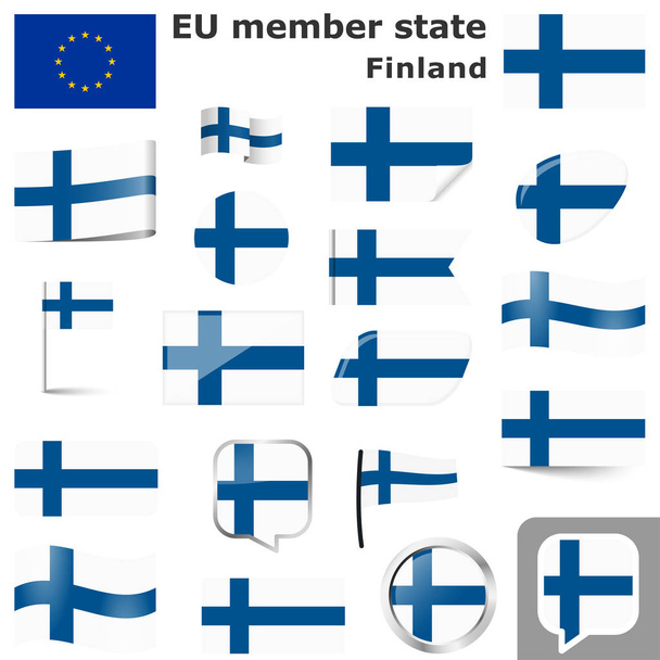 kokoelma lippuja ja painikkeita, joissa on Suomen kansallisen maan värit
 - Vektori, kuva