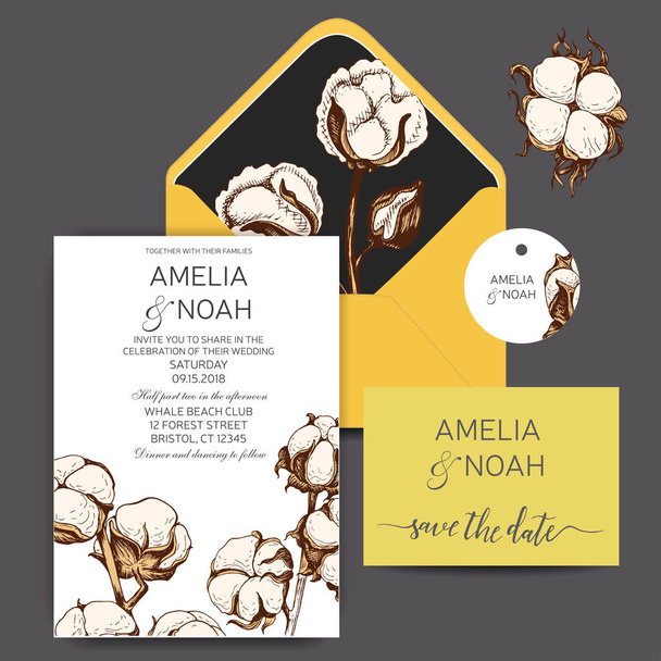 Template for wedding invitation. Card vector illustration with cotton. - Vector, Image