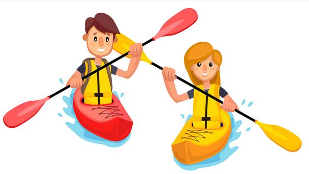 Couple monte un bateau de kayak sur le vecteur du lac. Illustration isolée
 - Vecteur, image
