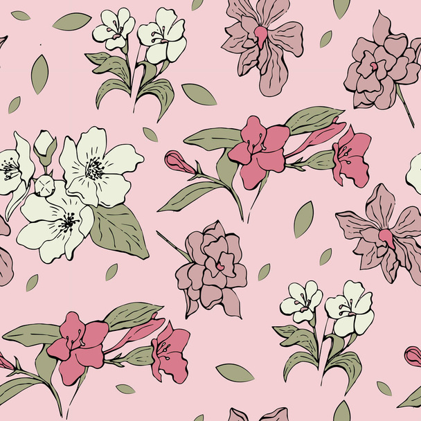 Floral seamless pattern with simply executed vector flowers in vintage style. Very tender and beautiful. Hand drawn flowers on light pink background - Vektori, kuva