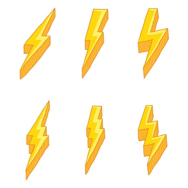 Vector Set of Cartoon Yellow Thunder Lighting Symbol. Thunderbolt Signs. - Vector, Image