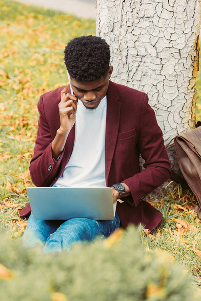 Afro-Amerikaanse thuiswerker met behulp van laptop en praten over smartphone in park - Foto, afbeelding