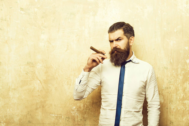 hipster on serious face smoking cigar - Фото, зображення
