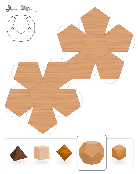 Πλατωνικά Στερεά. Το πρότυπο μιας δωδεκάεδρο με ξύλινη υφή να κάνει ένα 3d μοντέλο χαρτί έξω από το τρίγωνο καθαρή. - Διάνυσμα, εικόνα