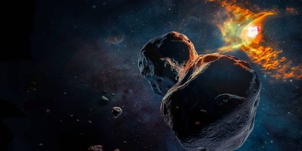 Meteoriitit syvällä avaruudessa, scifi-fantasia korkealla resoluutiolla. Galaksi ja räjähtävän tähden liekki taustana. Ihanteellinen taustakuva tai tulostaa. Elementit tämän kuvan kalustettu NASA
. - Valokuva, kuva
