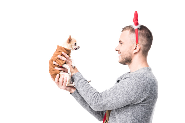 side view of man in festive winter sweater and deer horns holding little chihuahua dog isolated on white - Photo, Image