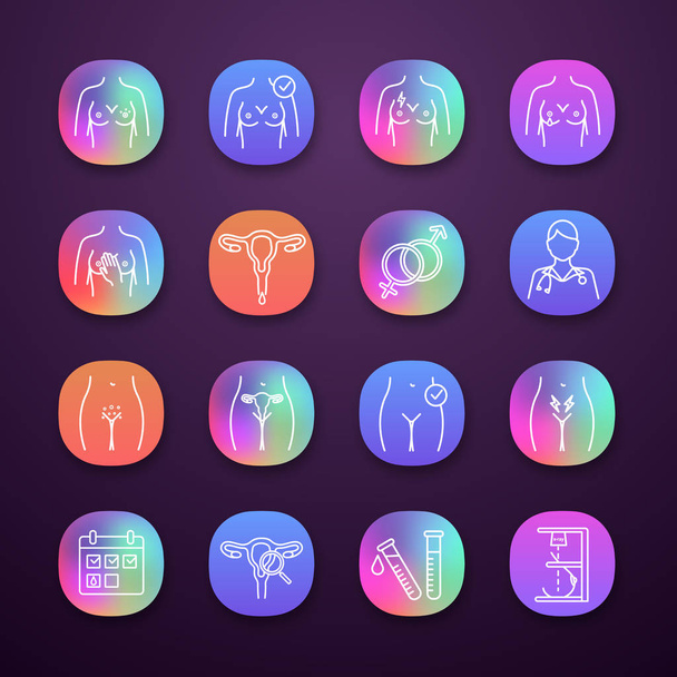 Gynecology app icons set. UI/UX user interface. Women's health. Breast examination. Female reproductive system disorders.  - Vector, Image