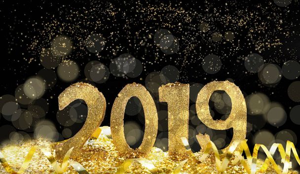 Gouden cijfers 2019 op zwarte achtergrond met fel licht  - Foto, afbeelding