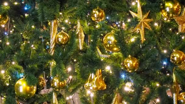 Close-up van een kerstboom lampjes glittering at night met focus achtergrond. Nieuwe jaar boom met versieringen en verlichting. Xmas boom decoratie achtergrond - Video