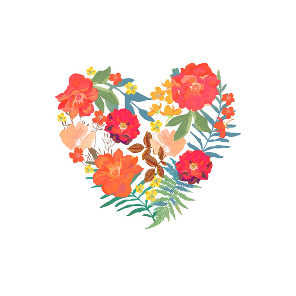 Floral heart with isolated hand drawn flowers. Design for cards, - Wektor, obraz