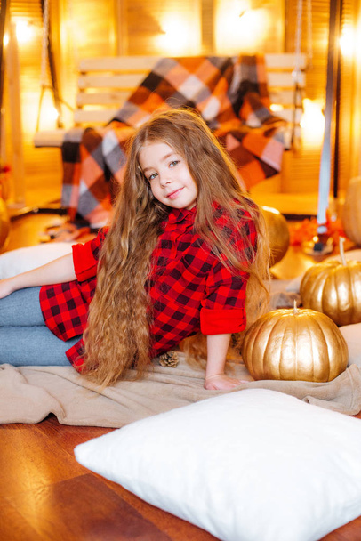 Little cute girl with long curly hair near the swing and pumpkins in a red checkered shirt and blankets - 写真・画像