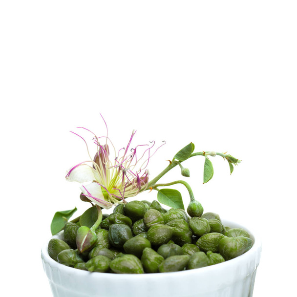 Capers isolated on white. Caper in white bowl - Photo, Image
