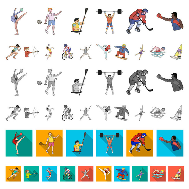 Diferentes tipos de iconos de dibujos animados deportivos en la colección de conjuntos para el diseño. Atleta, competiciones vector símbolo stock web ilustración
. - Vector, Imagen