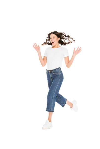 excited beautiful woman jumping isolated on white - Photo, image