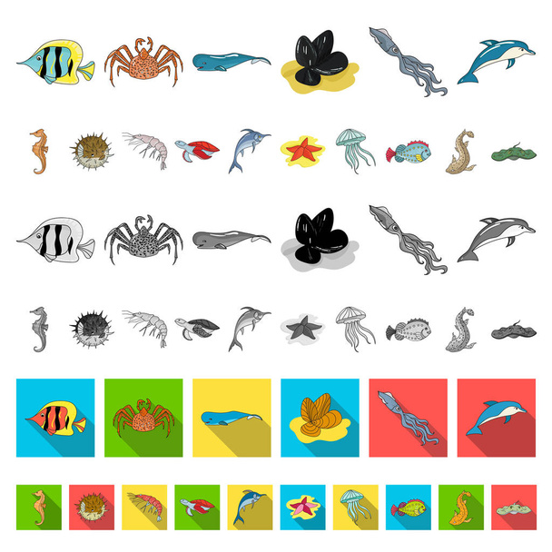 A variety of marine animals cartoon icons in set collection for design. Fish and shellfish vector symbol stock web illustration. - Wektor, obraz