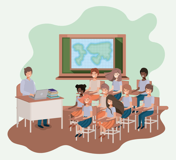 δάσκαλος στην τάξη με τους μαθητές γεωγραφία - Διάνυσμα, εικόνα