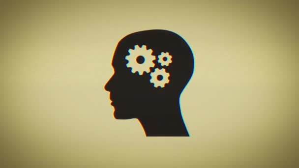 4k Brain Gears Inside Woman Head Silhouette / Animation of a female head profile silhouette with brain gears spinning inside, symbolizing mind power at work, creativity and ideas, with glitch vintage effects
 - Кадры, видео