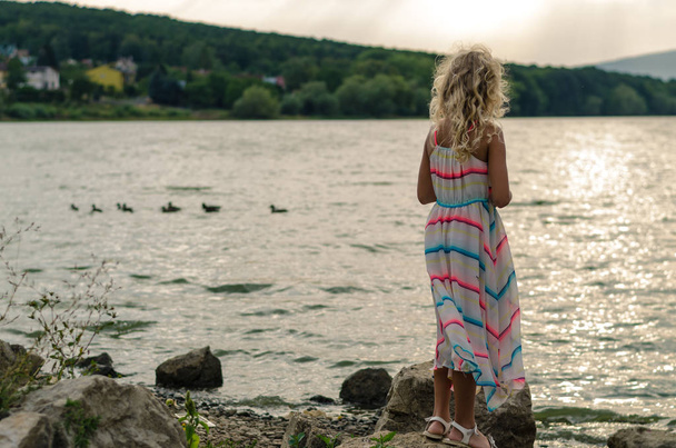 прелестная маленькая девочка в платье возле пруда на открытом воздухе во второй половине дня вид сзади
  - Фото, изображение