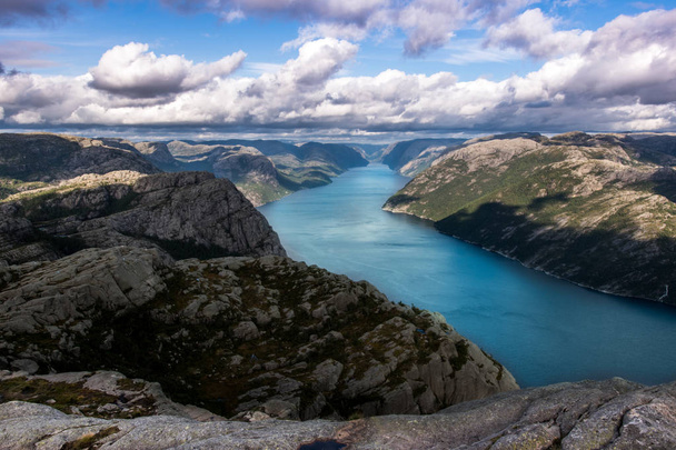 A beautiful landscape with a rocky mountains and fjord near Preikestolen in Norway - Φωτογραφία, εικόνα