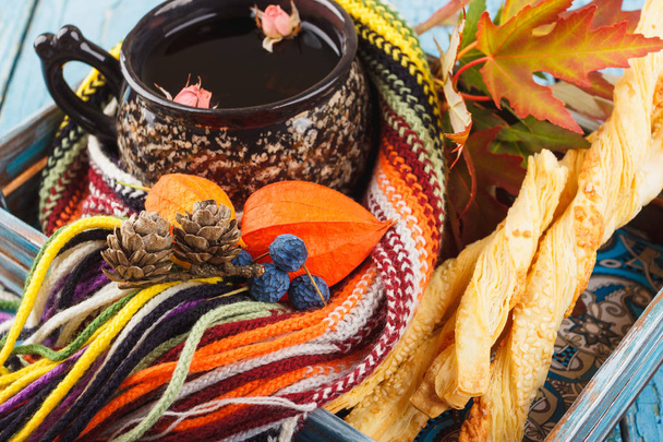 Cup of herbal tea with cookies and different decorations, top view - 写真・画像