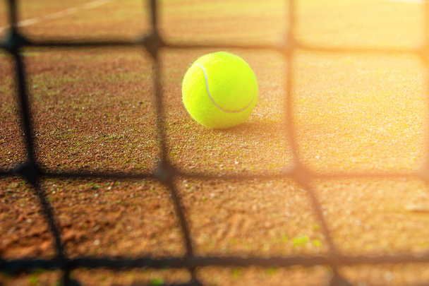 close-up tennis ball and net on court with sunlight in background - Fotografie, Obrázek