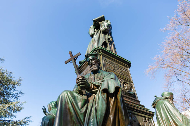 Worms, Germany - April 04, 2018: bronze sculpture of the Luther monument. Martin Luther was a German professor of theology, composer, priest, monk, and a seminal figure in the Protestant Reformation - 写真・画像
