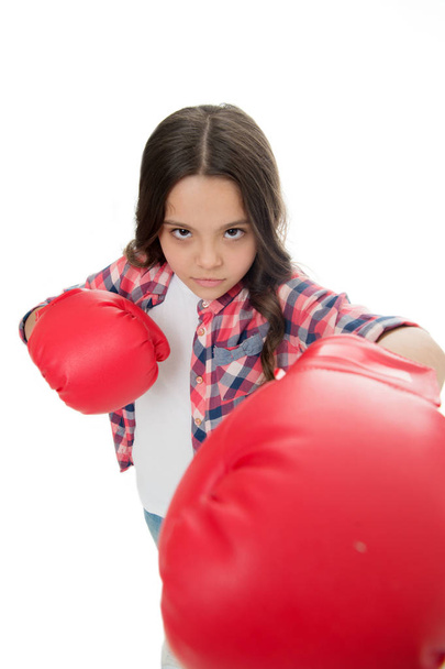 Feel powerful. Girls power concept. Feminist upbringing and female rights. Fight for her rights. Female rights and liberties. Girl boxing gloves ready to fight. Kid strong and independent girl - Fotografie, Obrázek