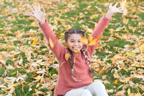 Small child with autumn leaves. Autumn leaves and nature. Happy little girl in autumn forest. Happy childhood. School time. Happy to be around. Enjoying autumn day. In love with nature - Foto, Bild