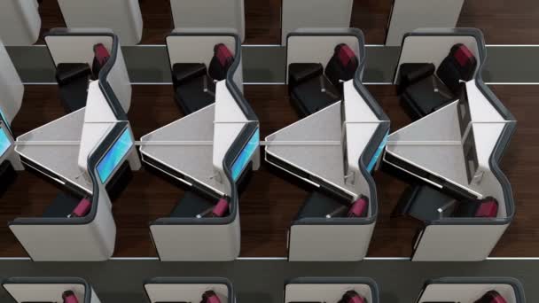 Luksusowych biznesowych klasy Apartament wnętrze. Laptop i tacy tabeli były składane i rozkładane siedzenia transferu do całkowicie płaskie łóżko. animacja 3D renderowania. - Materiał filmowy, wideo